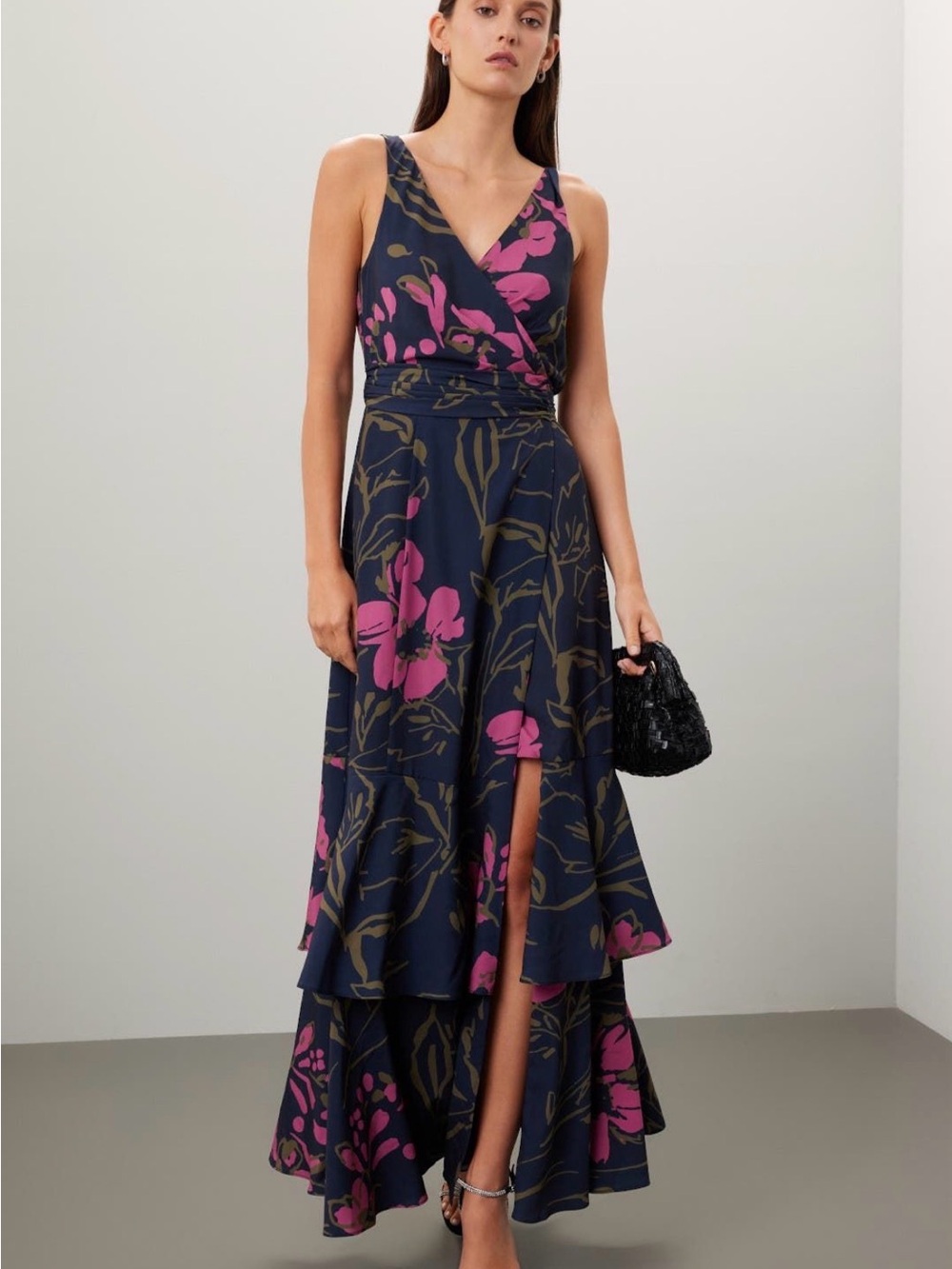 Slate & Willow Navy Floral High-Low Maxi Dress with Magenta Accents